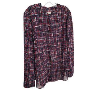 Chico's 4 Size 20/22 Blouse Chiffon Semi Sheer Tweed Print Button Up Long Sleeve
